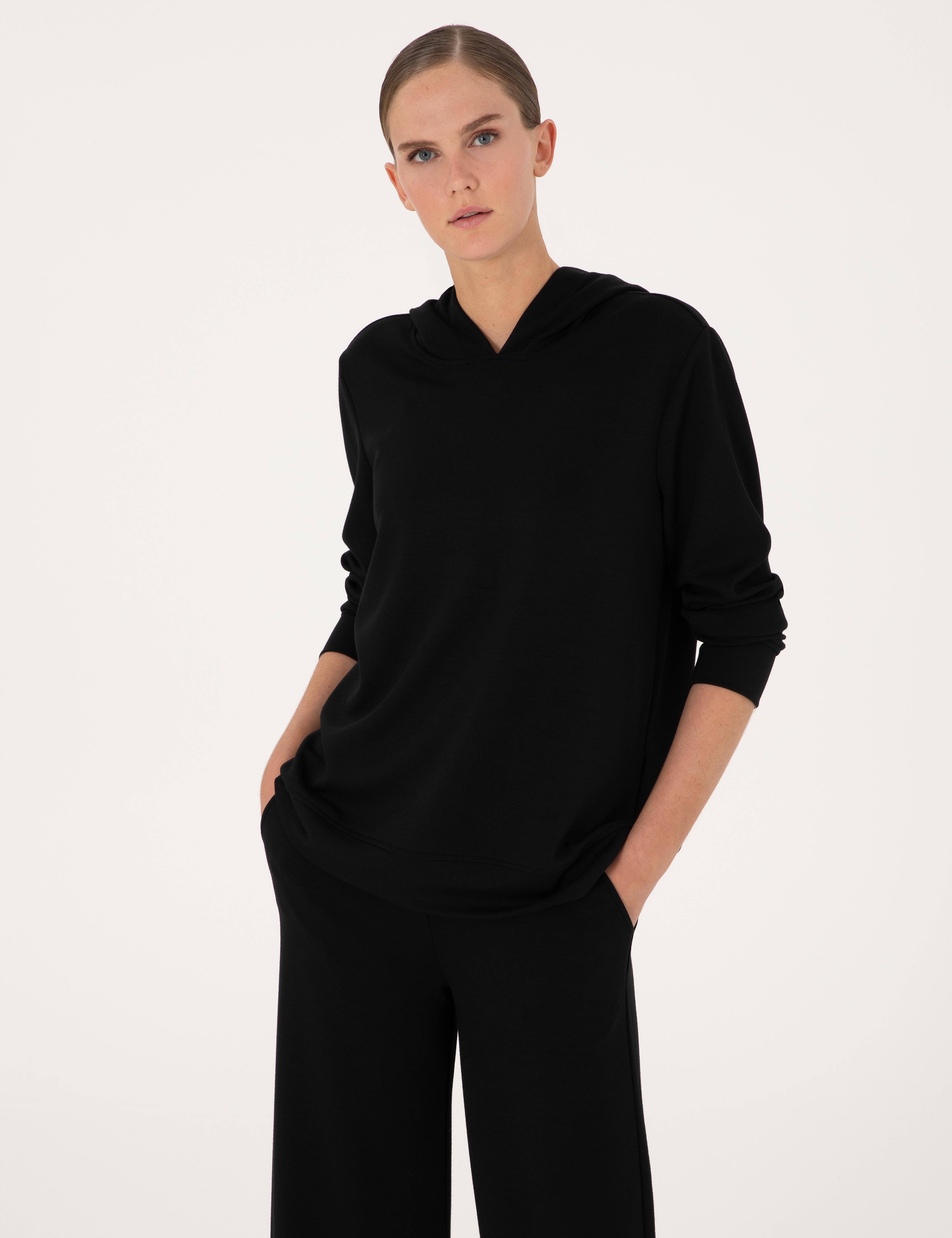 Siyah Oversize Modal Karışımlı Kapüşonlu Sweatshirt - Image 3
