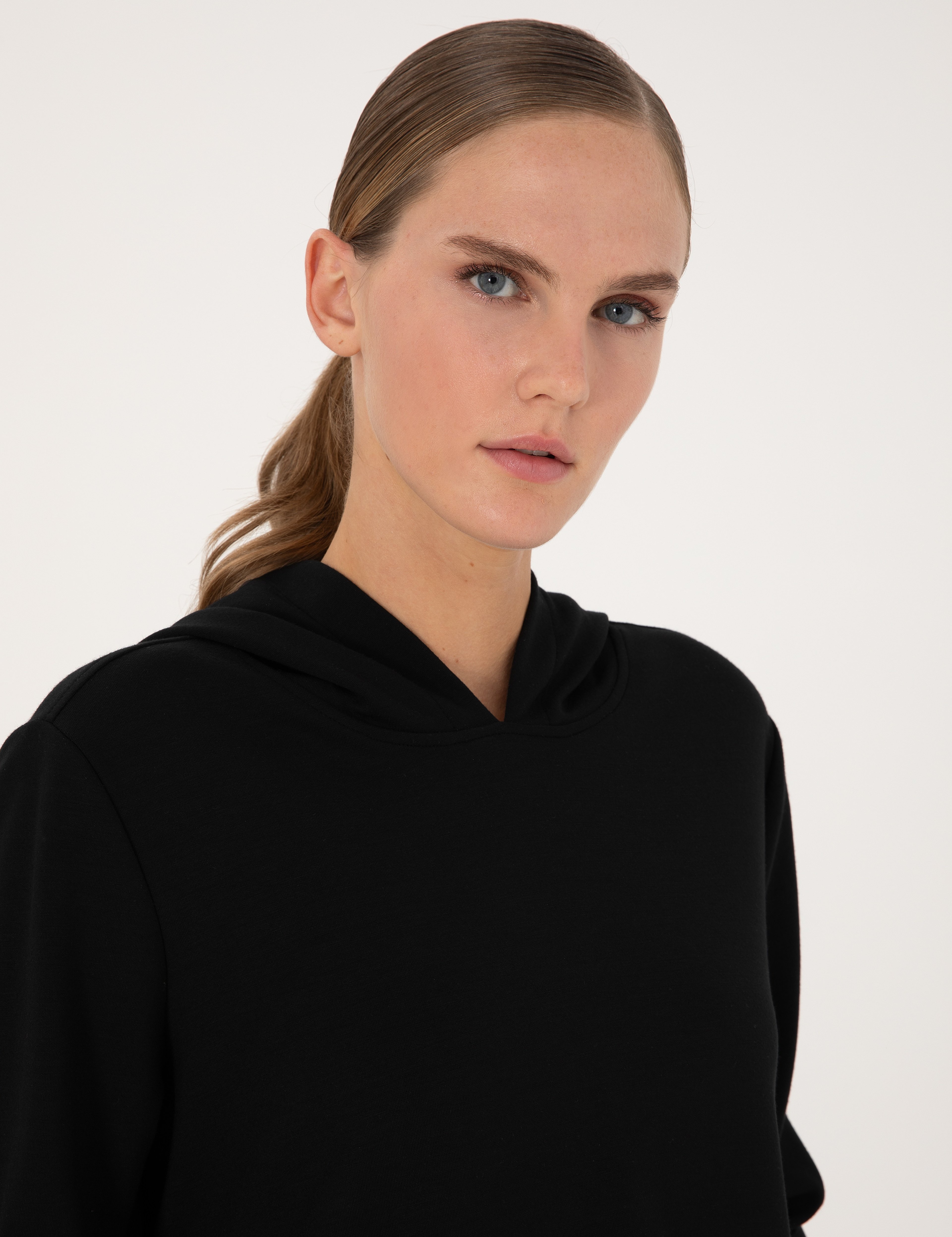 Siyah Oversize Modal Karışımlı Kapüşonlu Sweatshirt - Image 2
