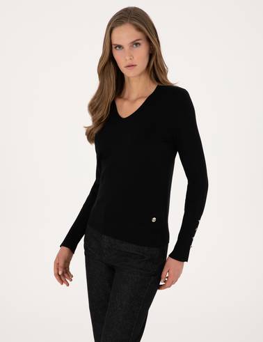 Siyah Slim Fit V Yaka Basic Kazak