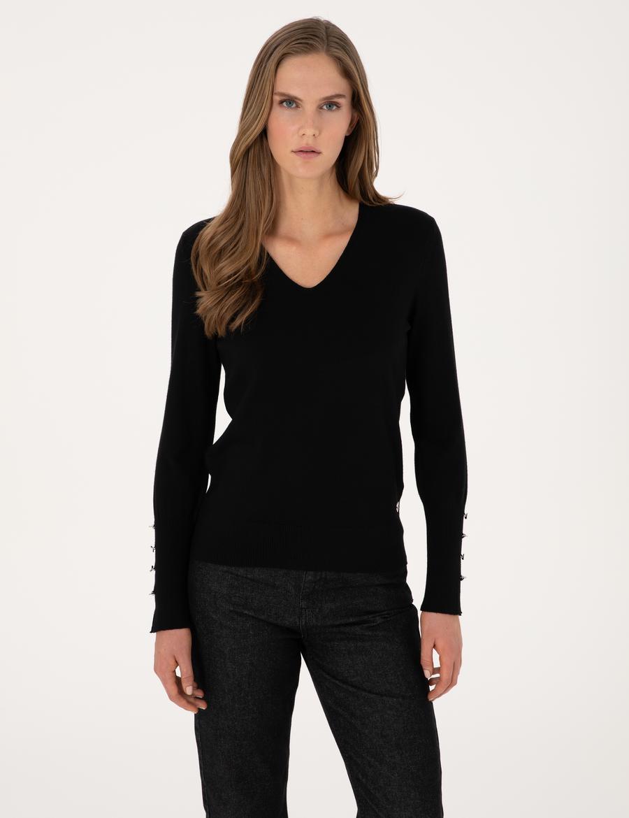 Siyah Slim Fit V Yaka Basic Kazak