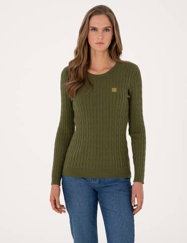 Haki Slim Fit Bisiklet Yaka Basic Kazak