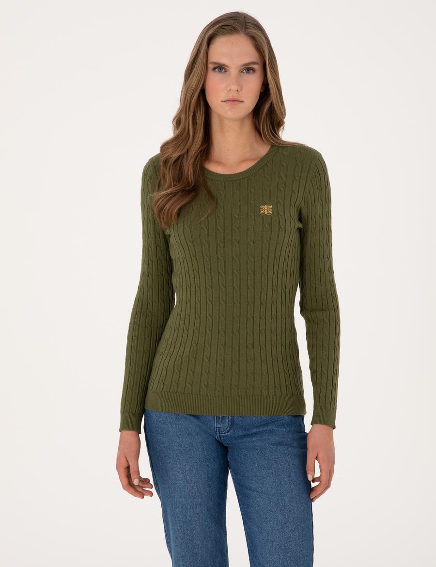 Haki Slim Fit Bisiklet Yaka Basic Kazak