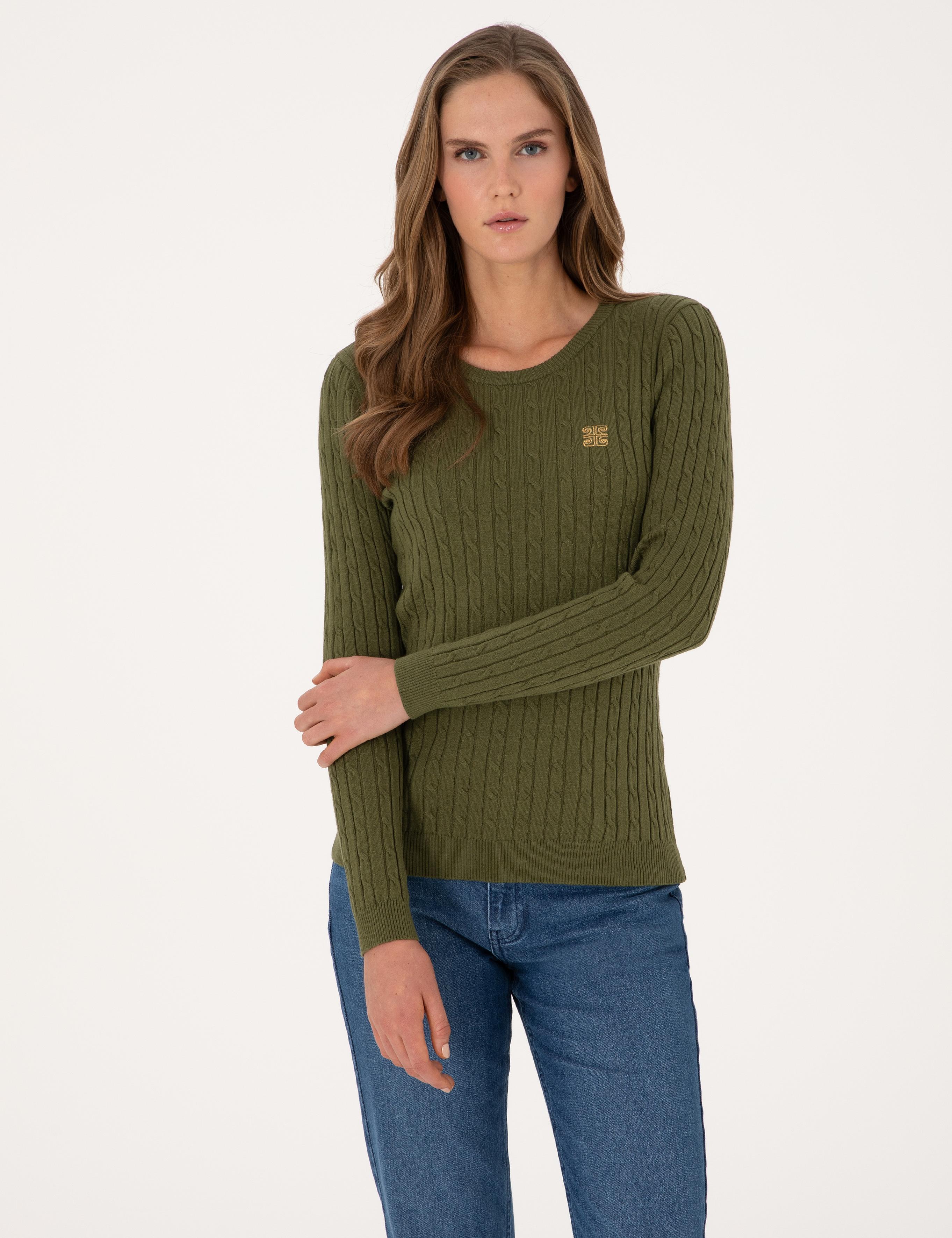 Haki Slim Fit Bisiklet Yaka Basic Kazak