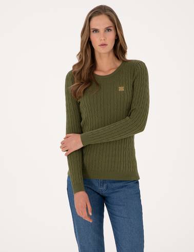 Haki Slim Fit Bisiklet Yaka Basic Kazak