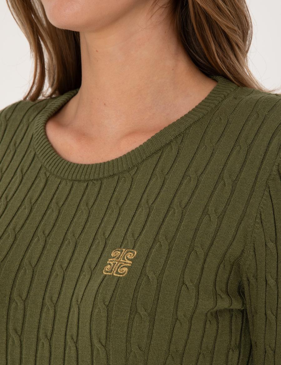 Haki Slim Fit Bisiklet Yaka Basic Kazak