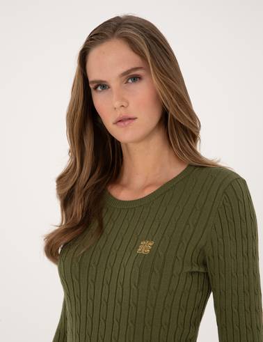Haki Slim Fit Bisiklet Yaka Basic Kazak