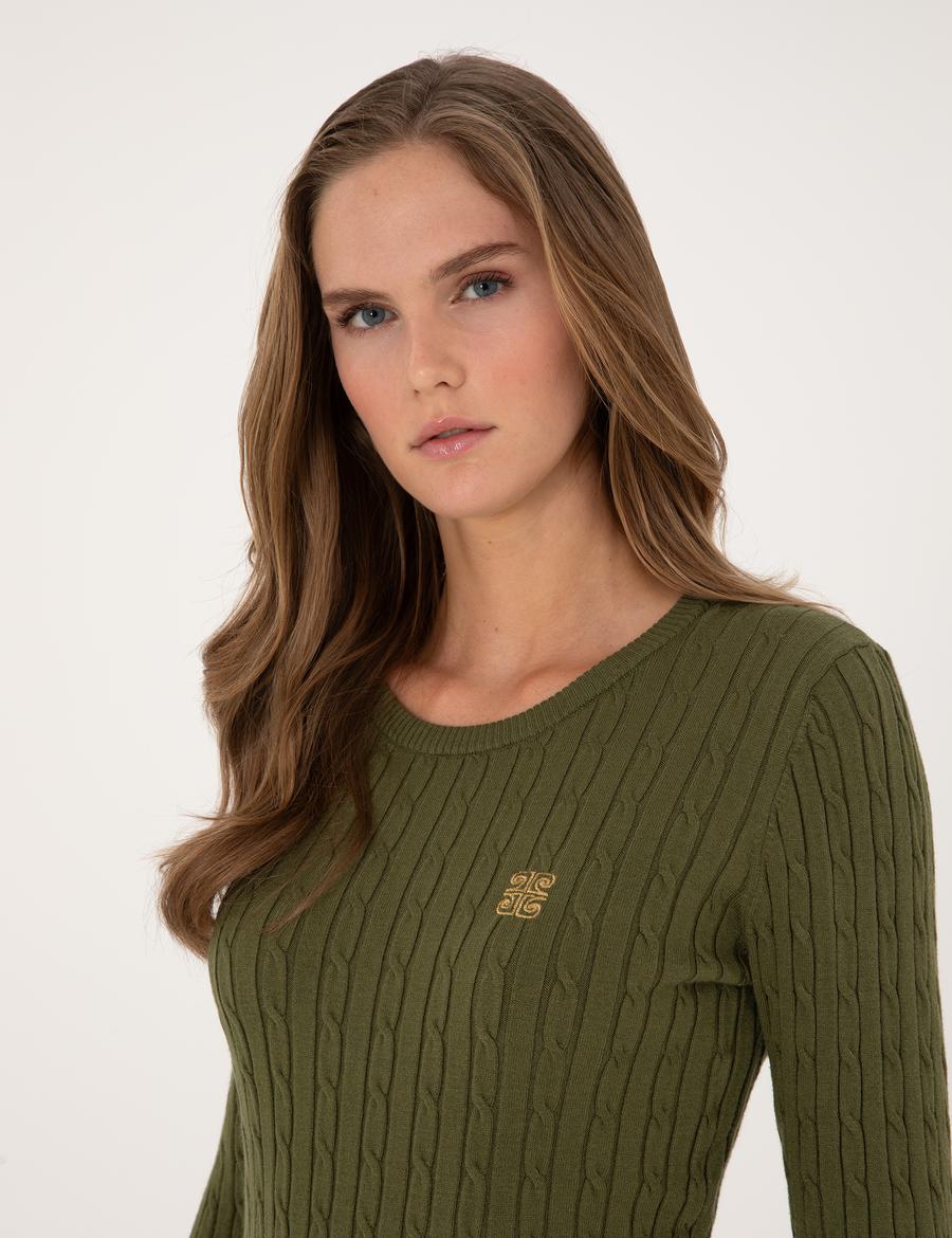 Haki Slim Fit Bisiklet Yaka Basic Kazak