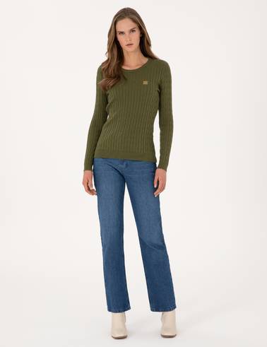 Haki Slim Fit Bisiklet Yaka Basic Kazak
