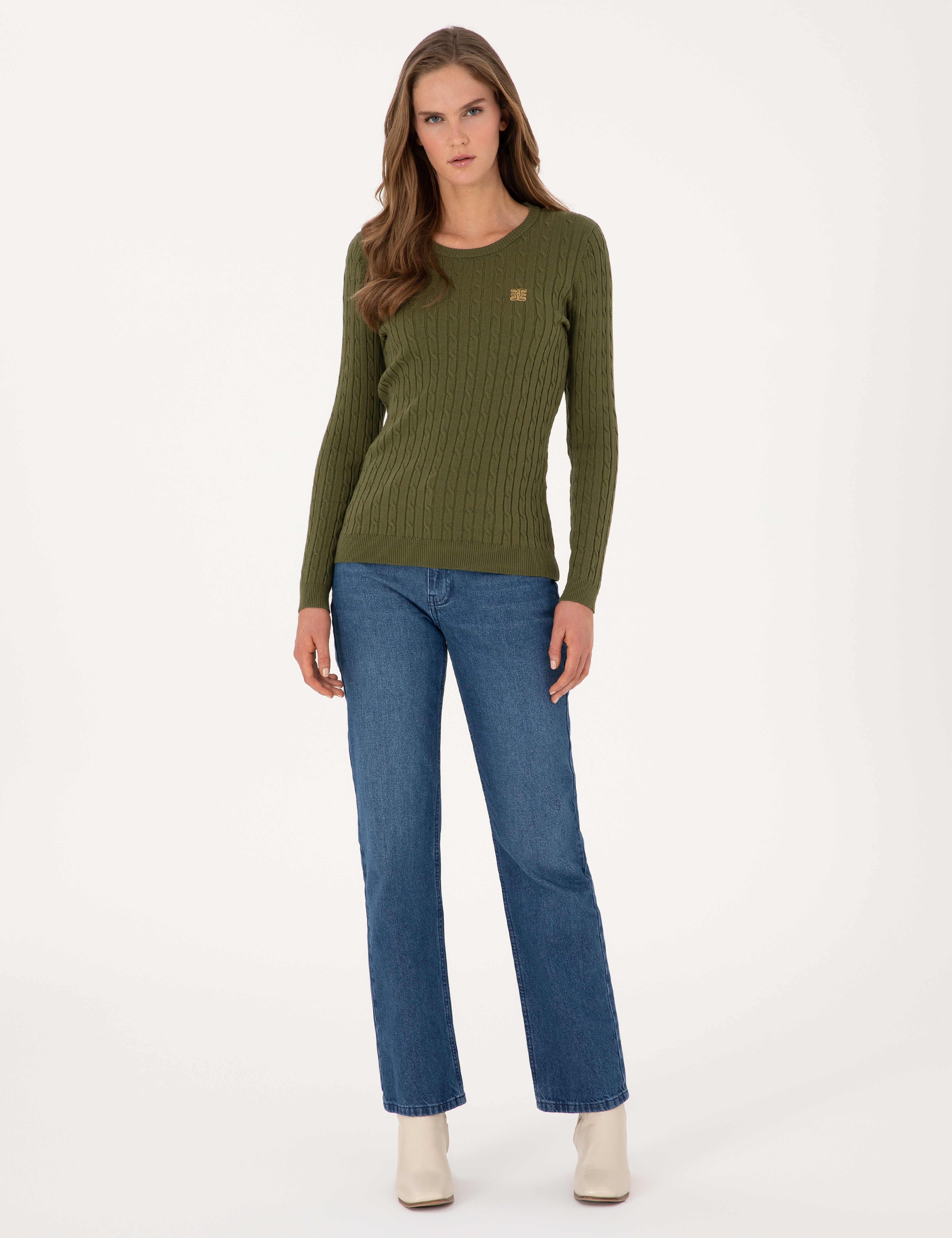 Haki Slim Fit Bisiklet Yaka Basic Kazak