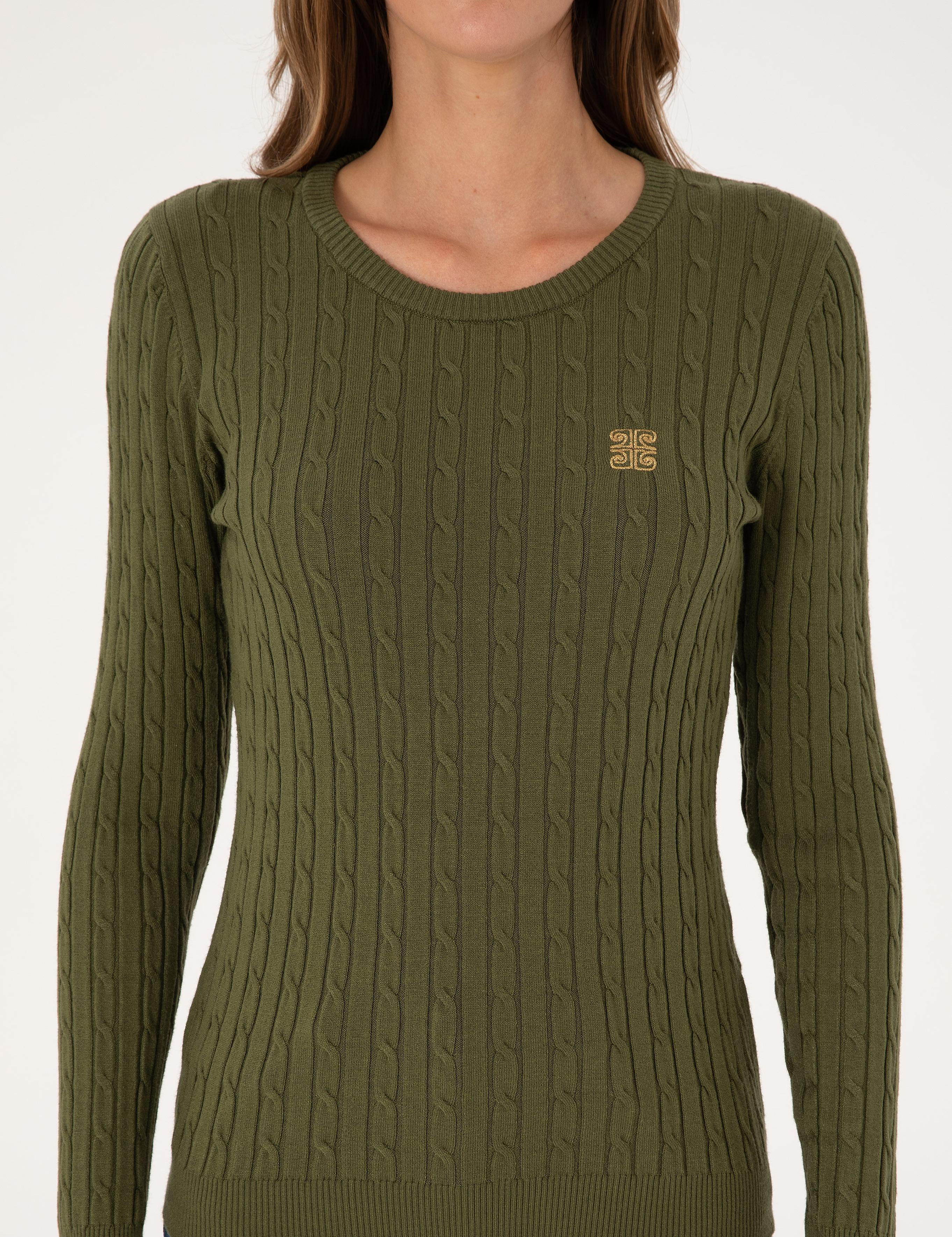 Haki Slim Fit Bisiklet Yaka Basic Kazak