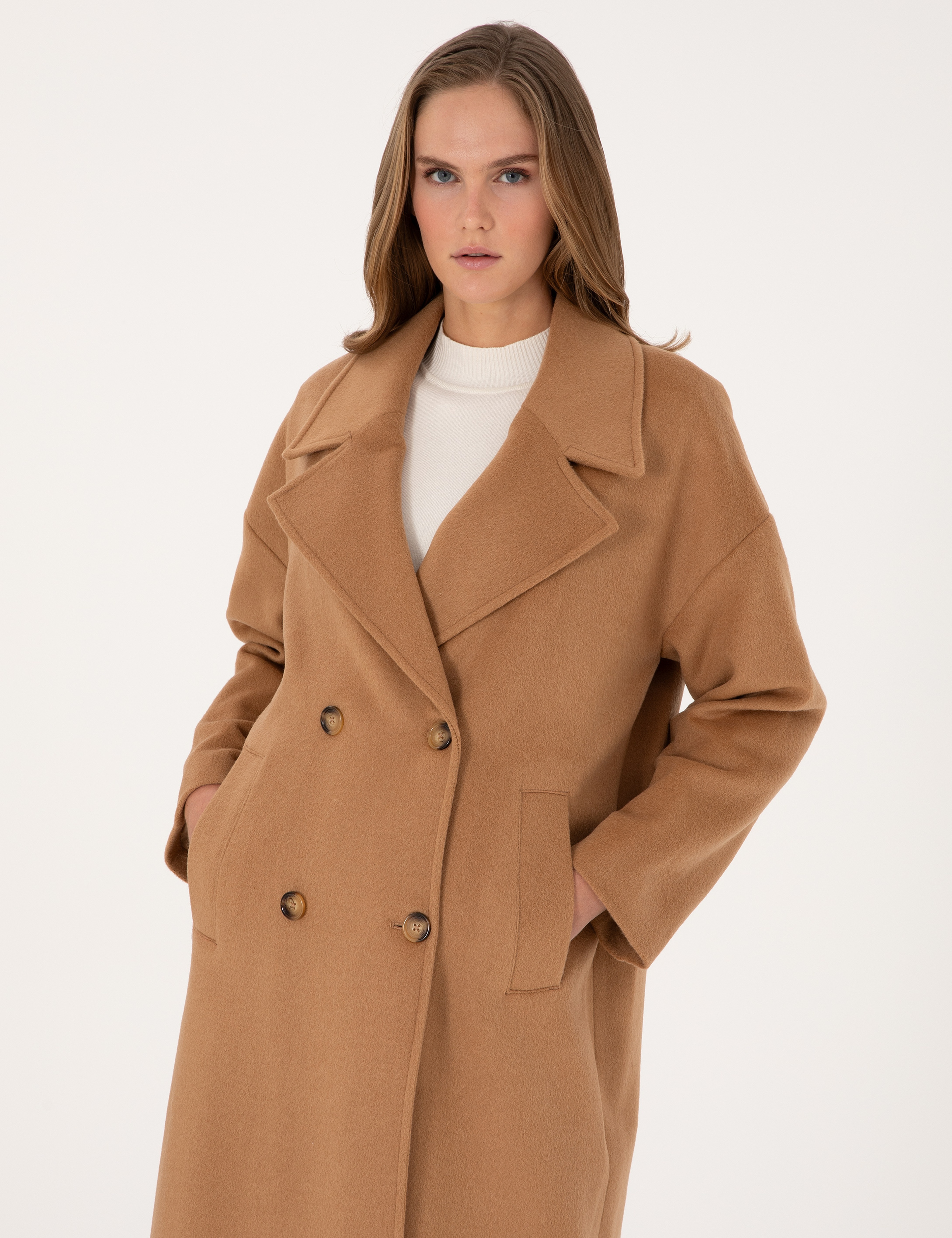 Camel Comfort Fit Yün Karışımlı Kaşe Kaban - Image 2