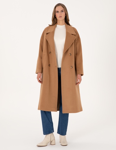 Camel Comfort Fit Yün Karışımlı Kaşe Kaban