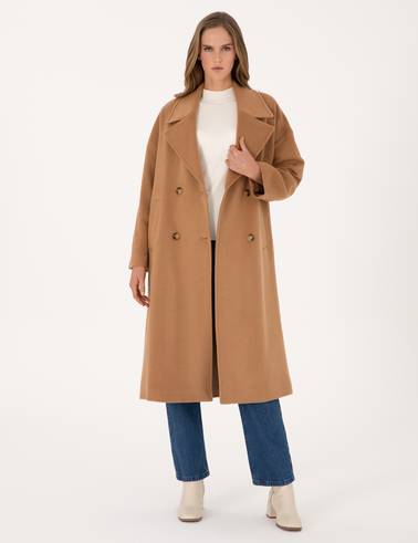 Camel Comfort Fit Yün Karışımlı Kaşe Kaban