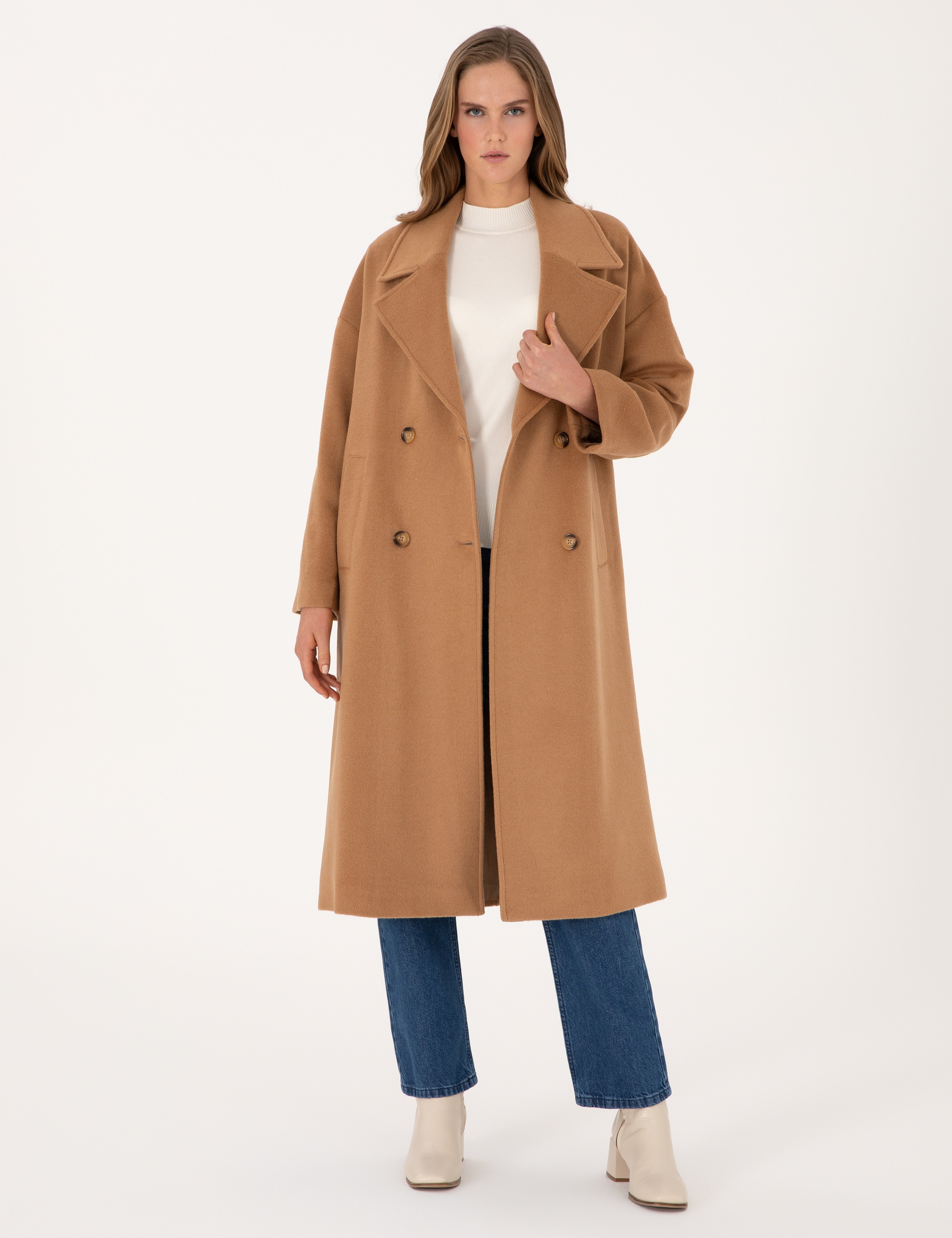 Camel Comfort Fit Yün Karışımlı Kaşe Kaban - Image 3