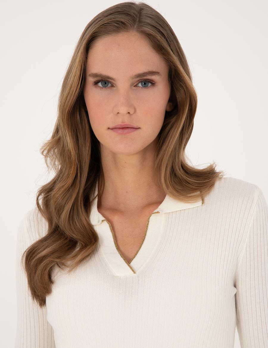 Ekru Slim Fit Polo Yaka Kazak