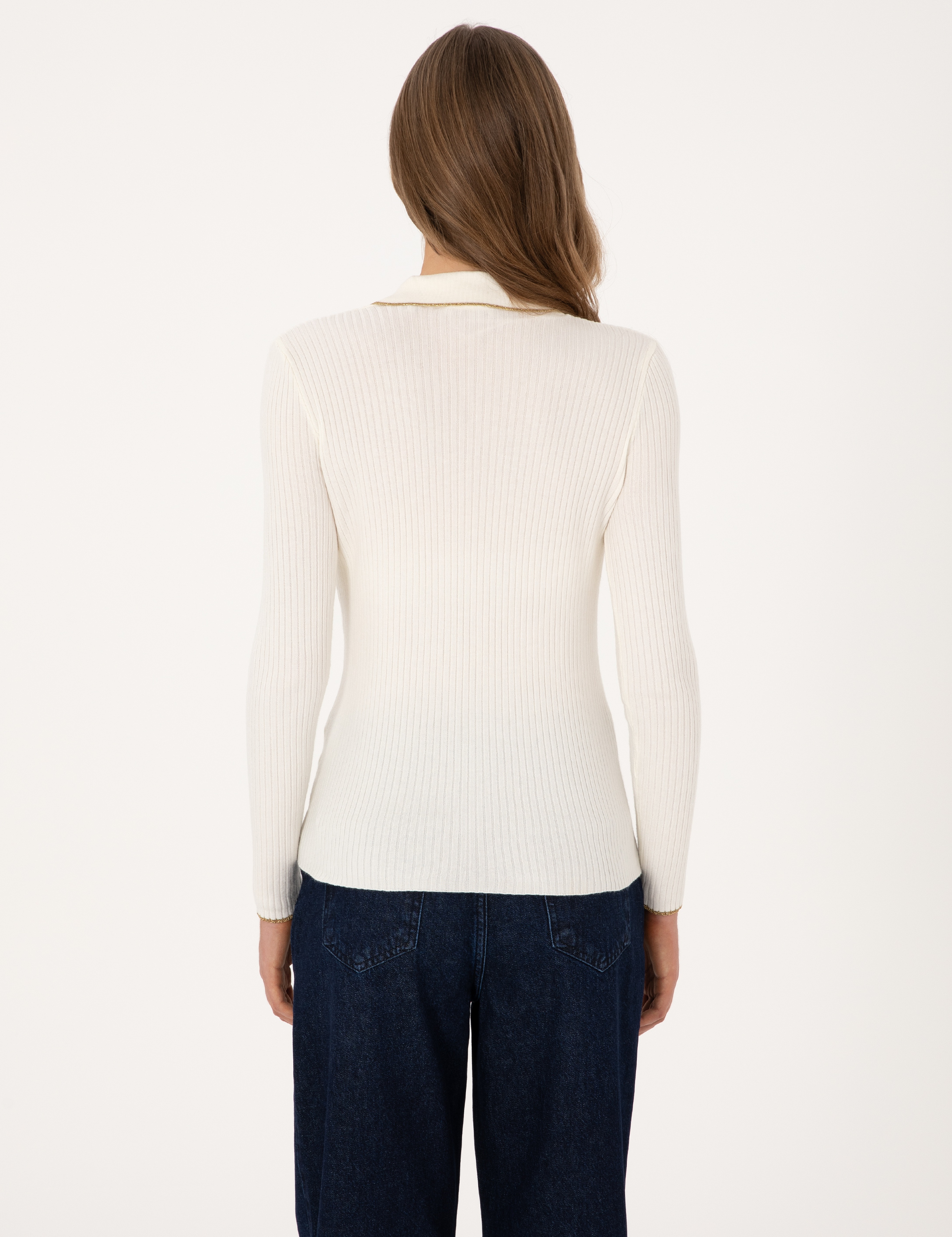 Ekru Slim Fit Polo Yaka Kazak - Image 5