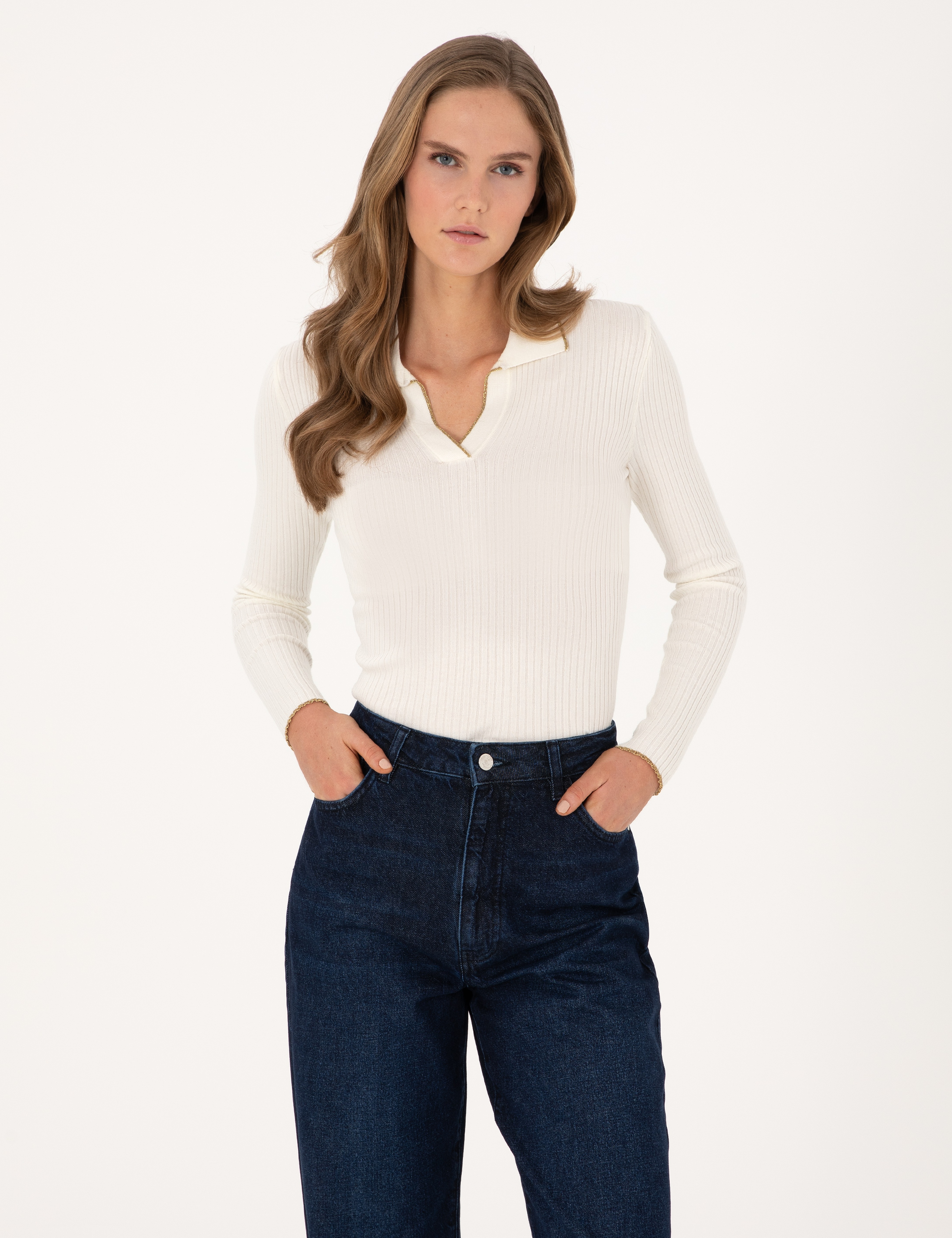 Ekru Slim Fit Polo Yaka Kazak - Image 1