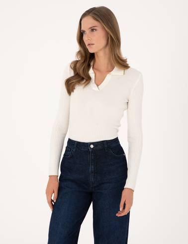 Ekru Slim Fit Polo Yaka Kazak