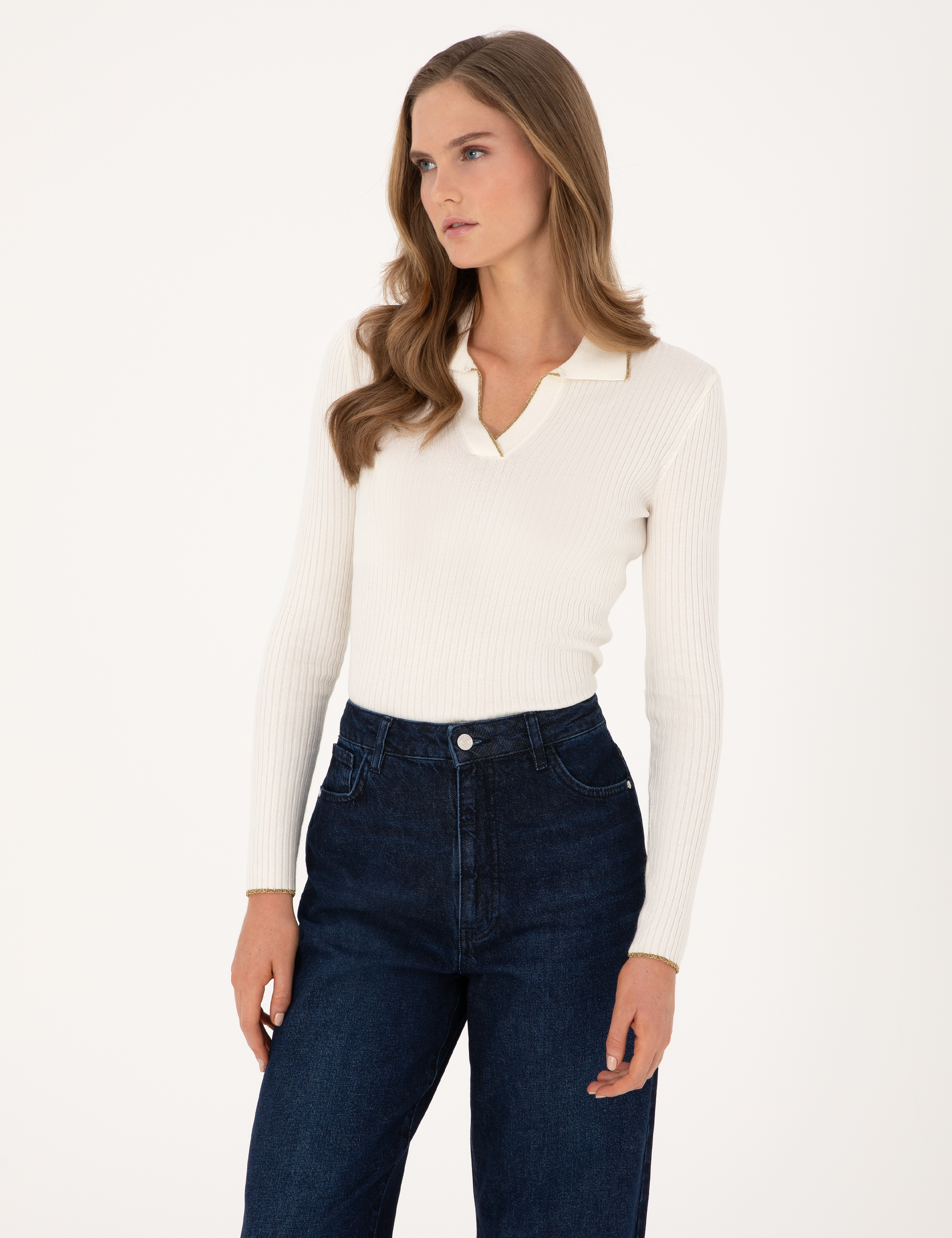 Ekru Slim Fit Polo Yaka Kazak - Image 3