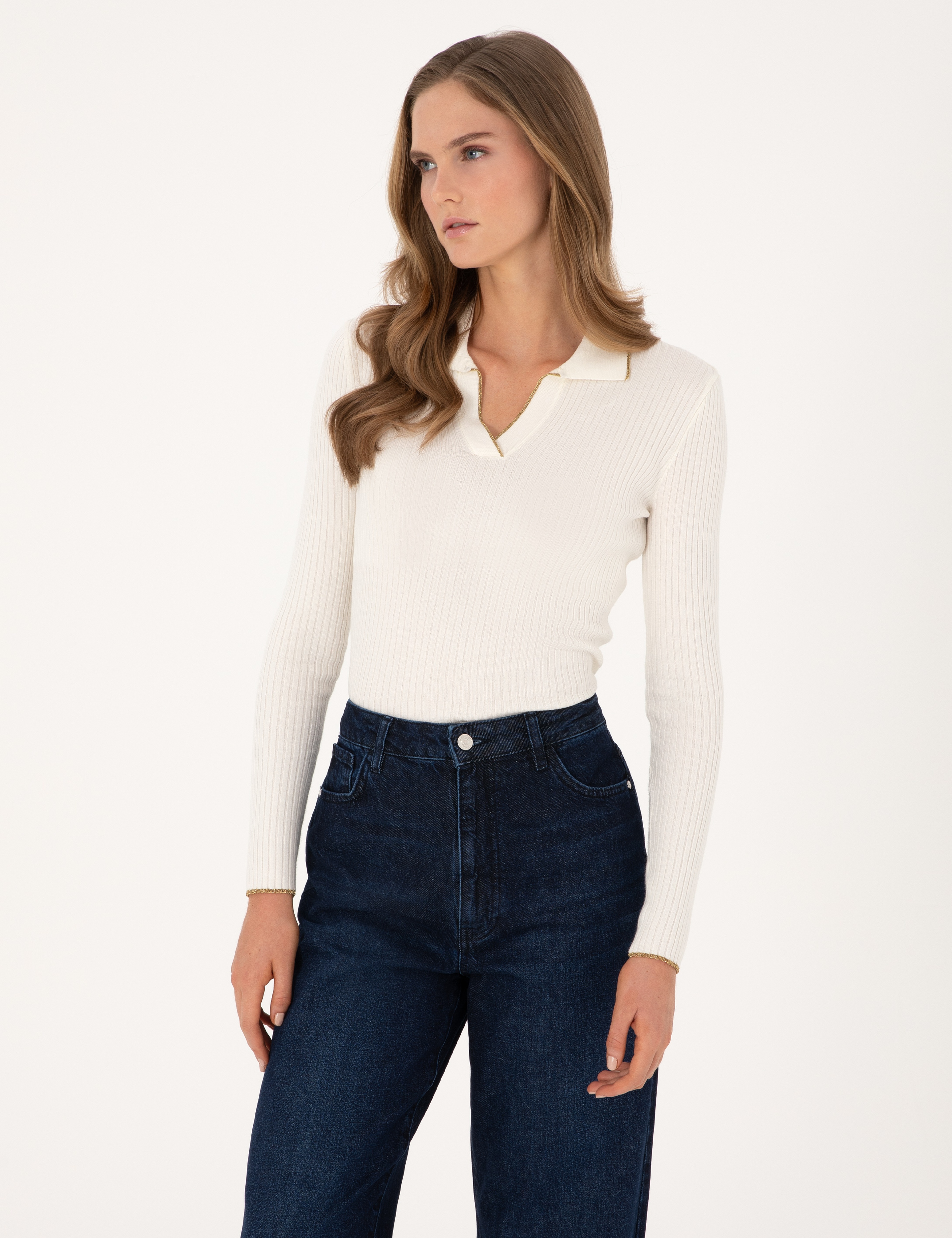 Ekru Slim Fit Polo Yaka Kazak