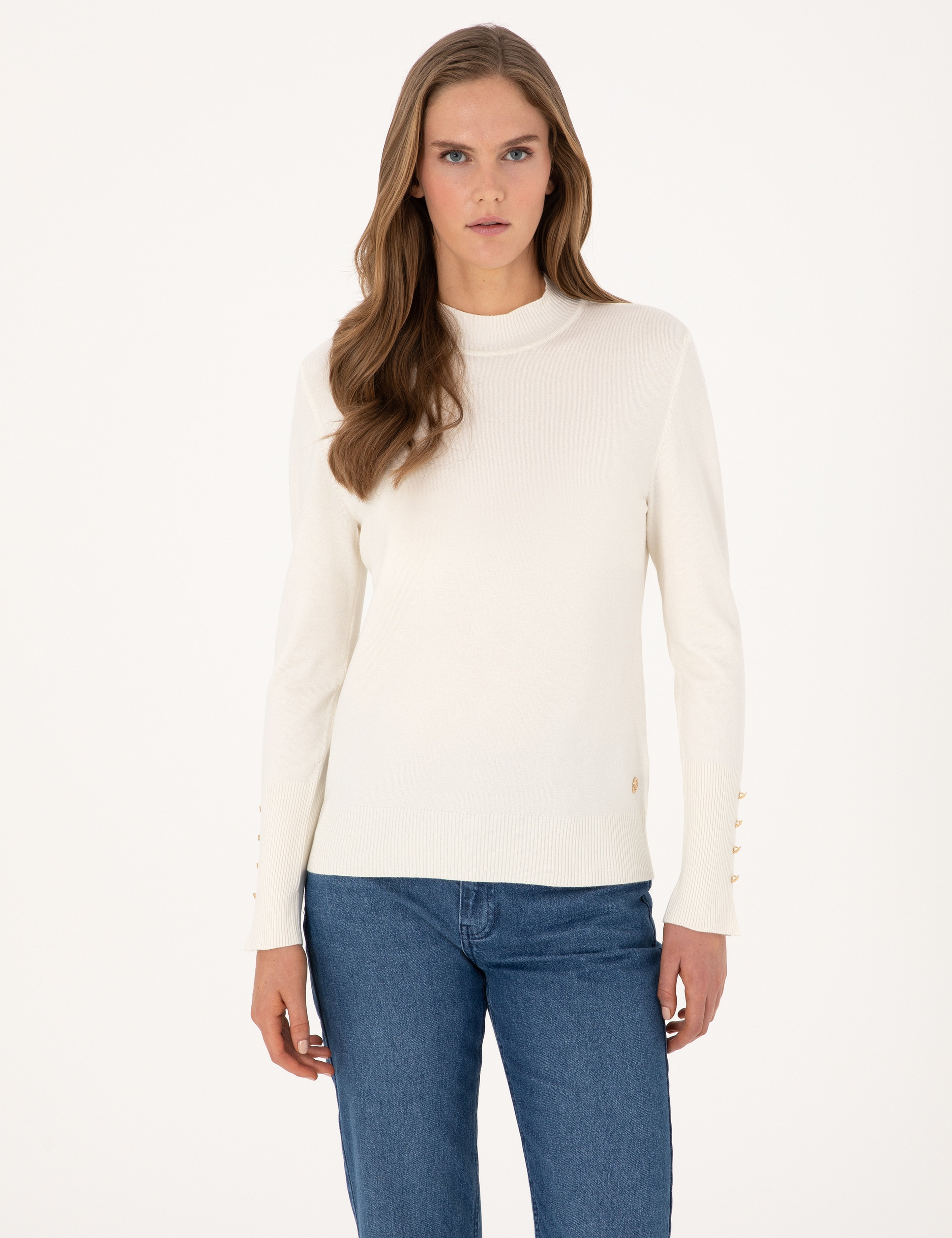 Ekru Slim Fit Yarım Balıkçı Basic Kazak