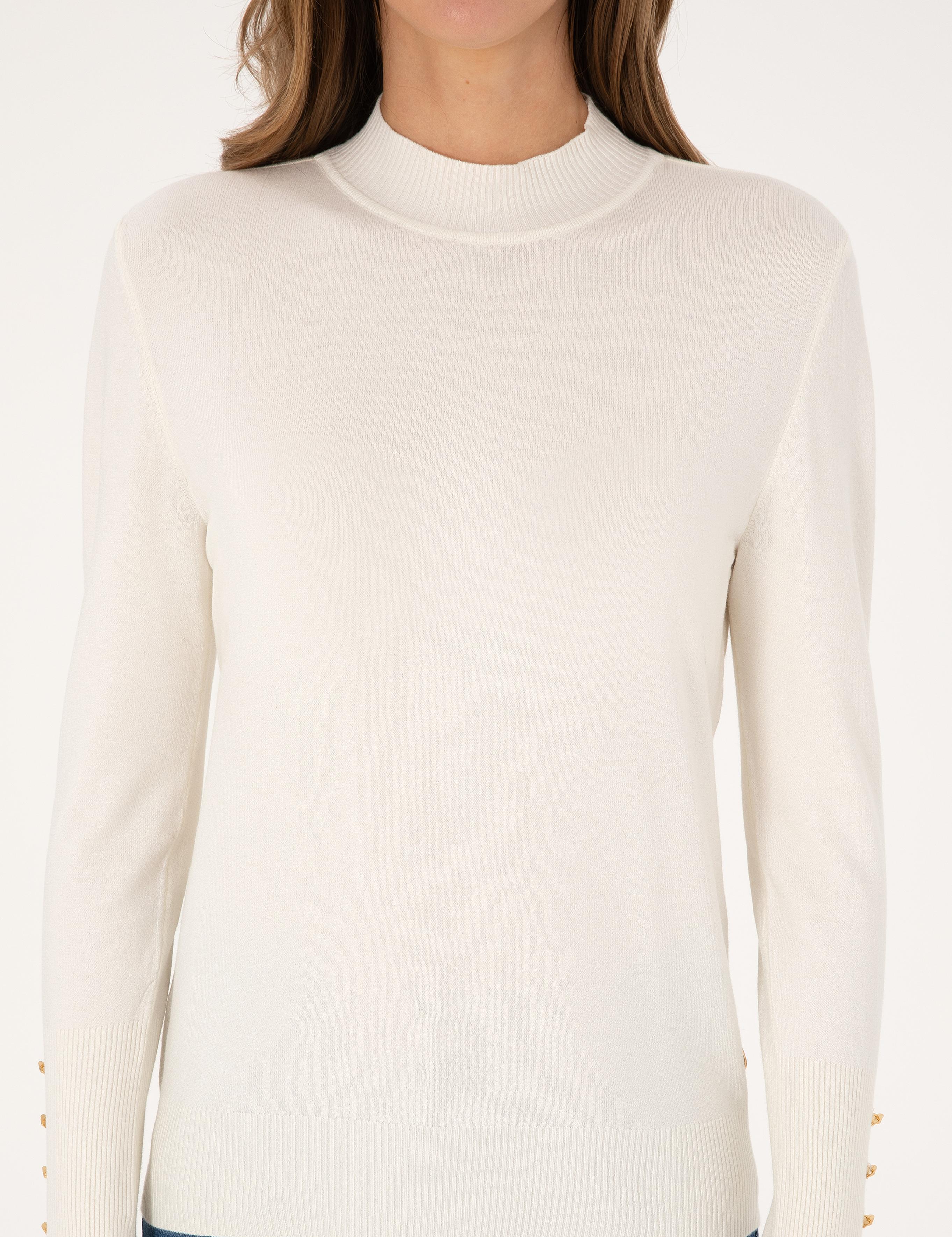 Ekru Slim Fit Yarım Balıkçı Basic Kazak