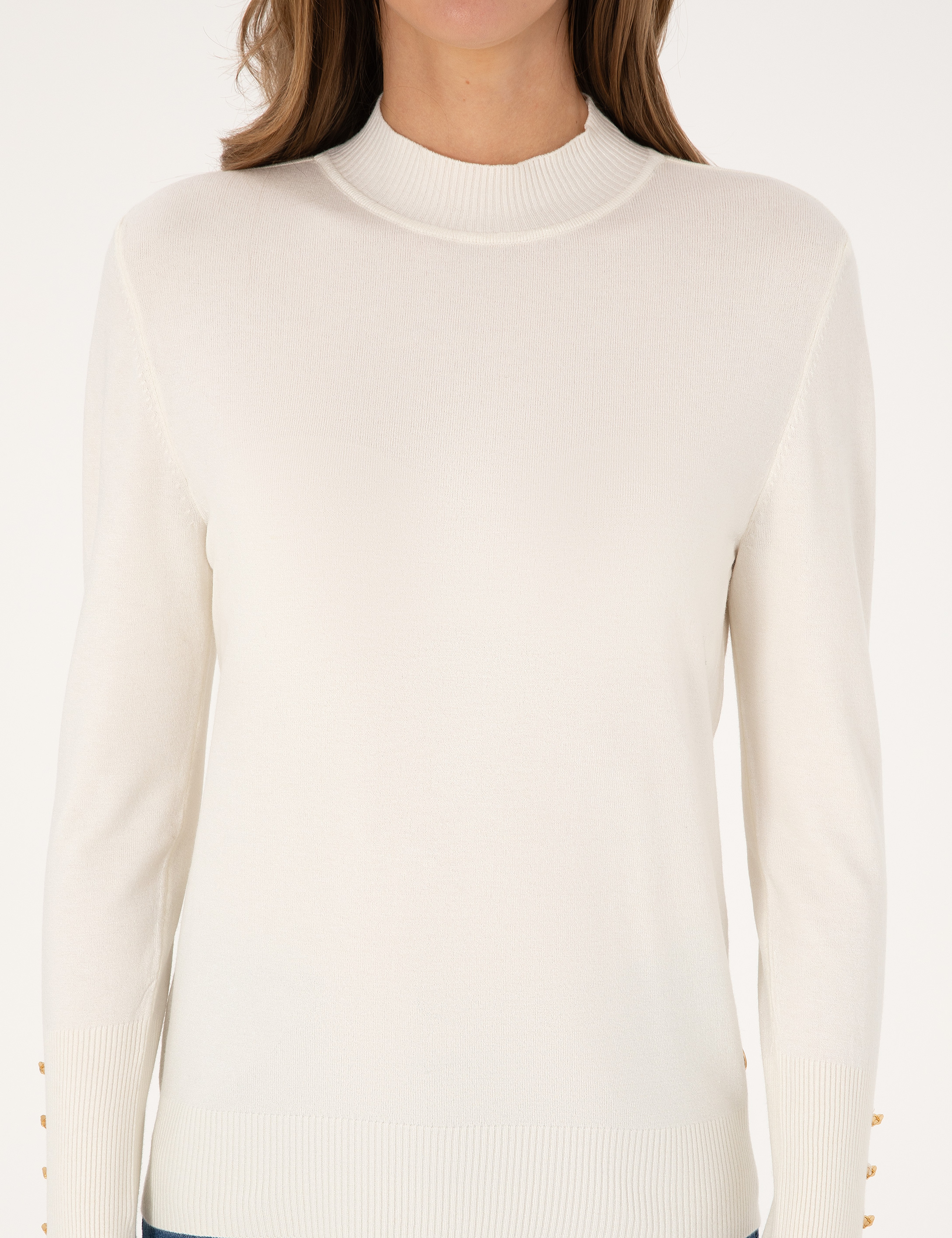 Ekru Slim Fit Yarım Balıkçı Basic Kazak