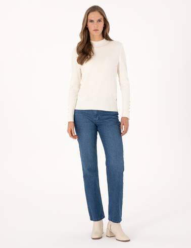 Ekru Slim Fit Yarım Balıkçı Basic Kazak