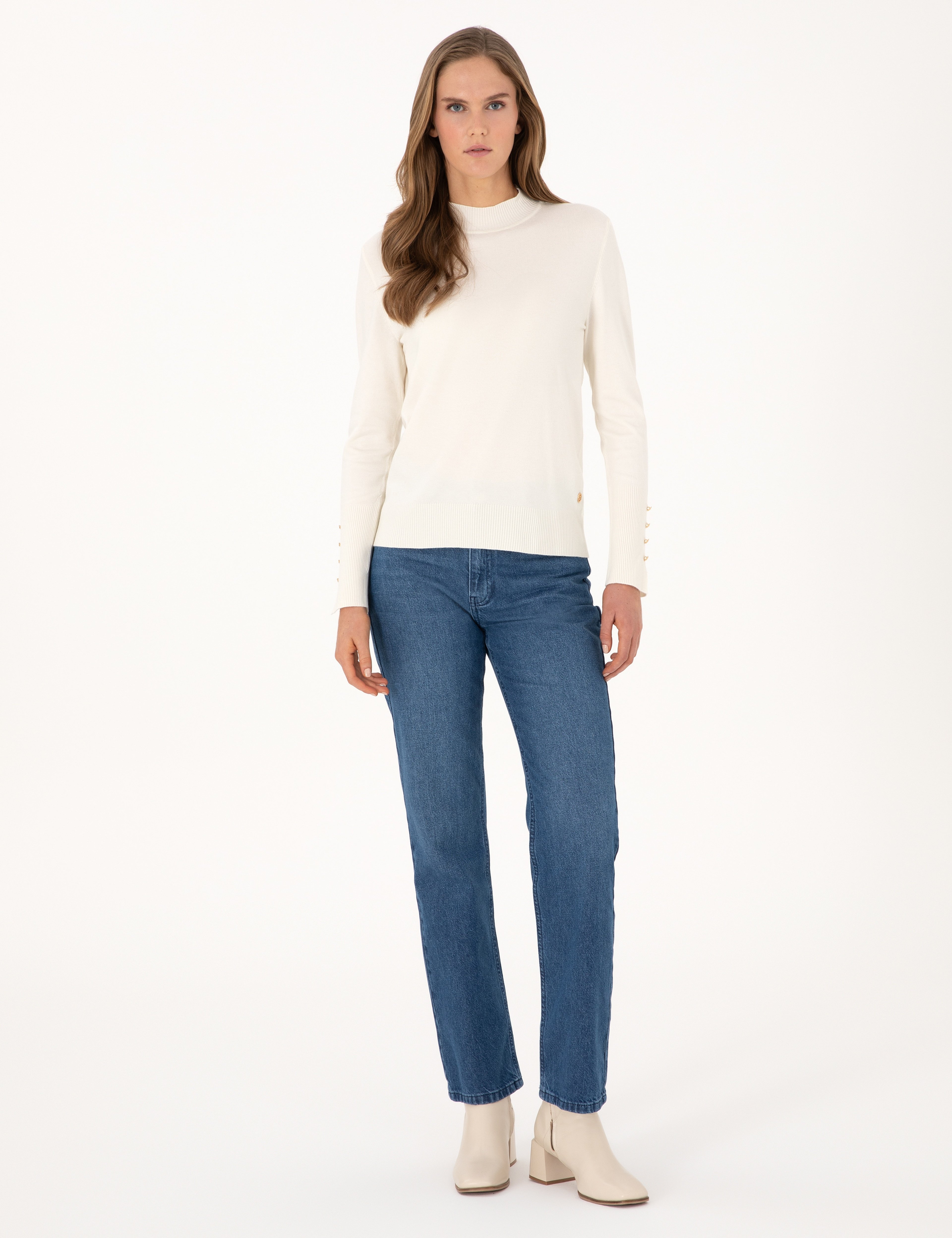 Ekru Slim Fit Yarım Balıkçı Basic Kazak - Image 4