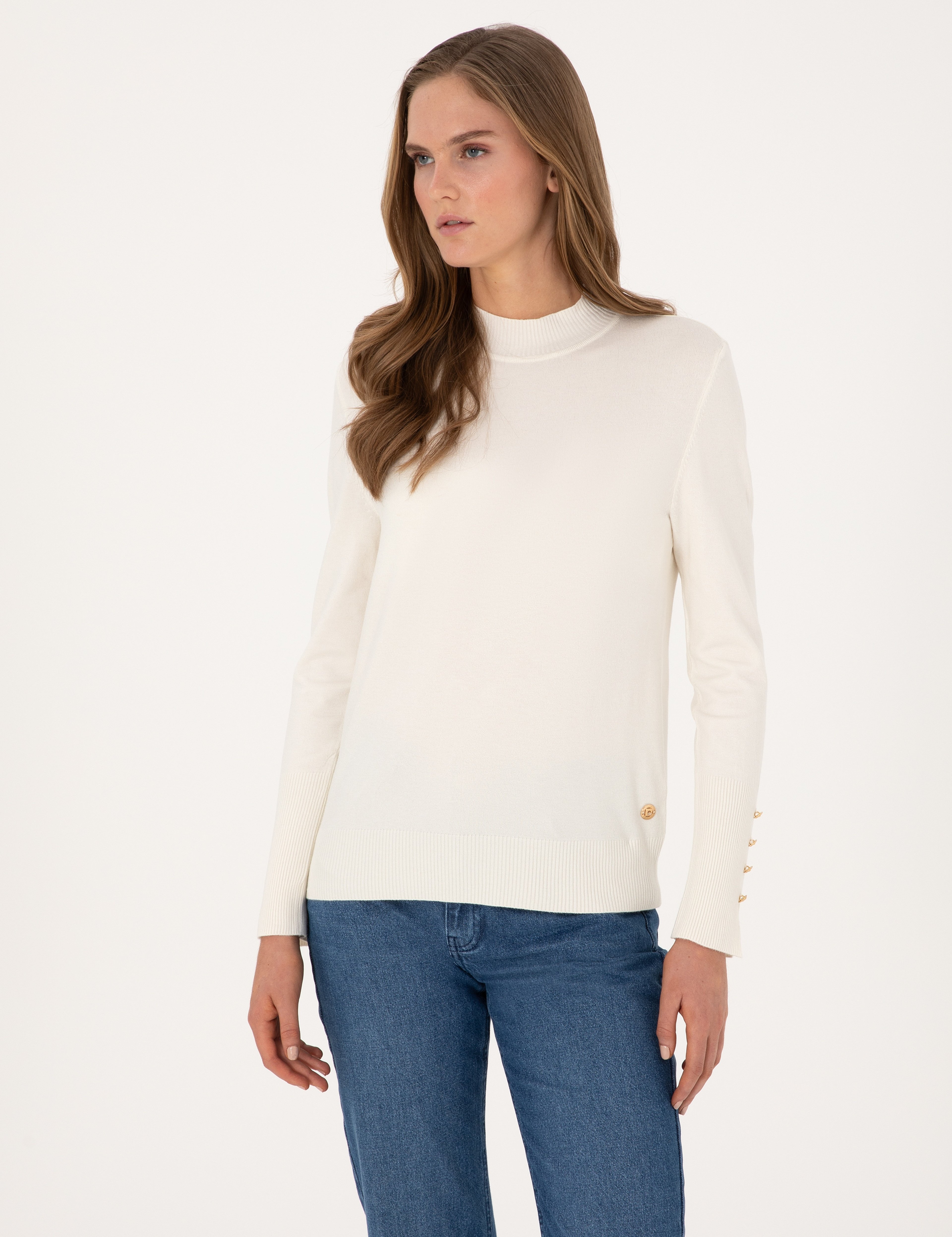 Ekru Slim Fit Yarım Balıkçı Basic Kazak - Image 3