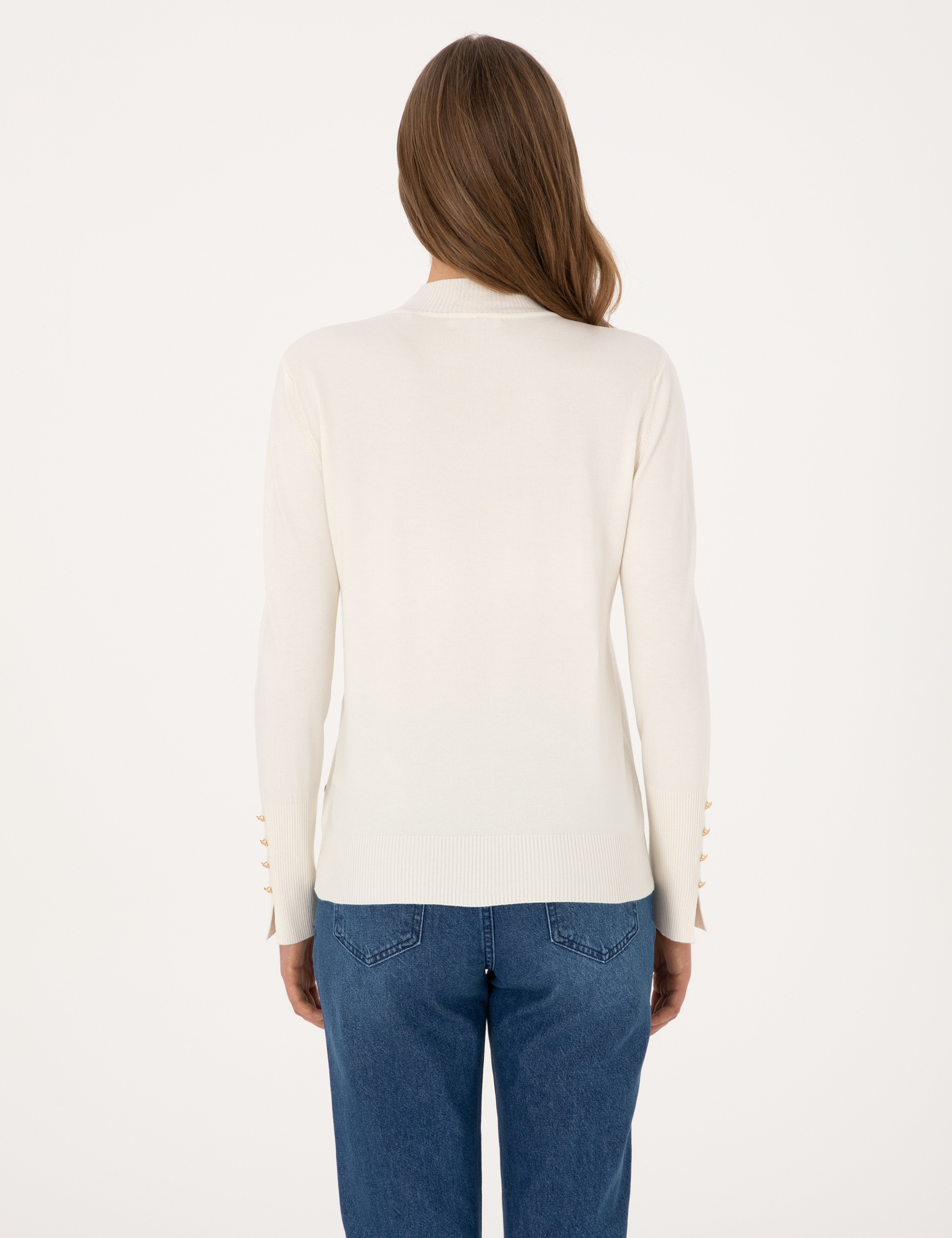 Ekru Slim Fit Yarım Balıkçı Basic Kazak