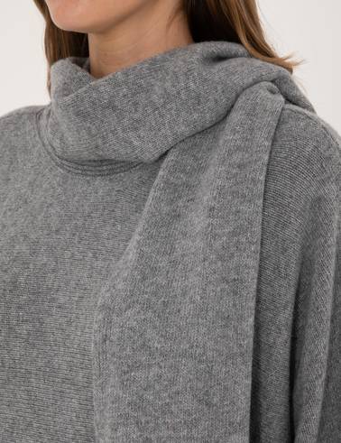 Gri Melanj Yün Karışımlı Şal Detaylı Oversize Kazak