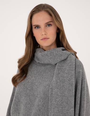 Gri Melanj Yün Karışımlı Şal Detaylı Oversize Kazak