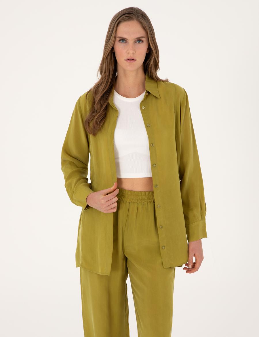 Yeşil Comfort Fit Kupro Uzun Kollu Gömlek