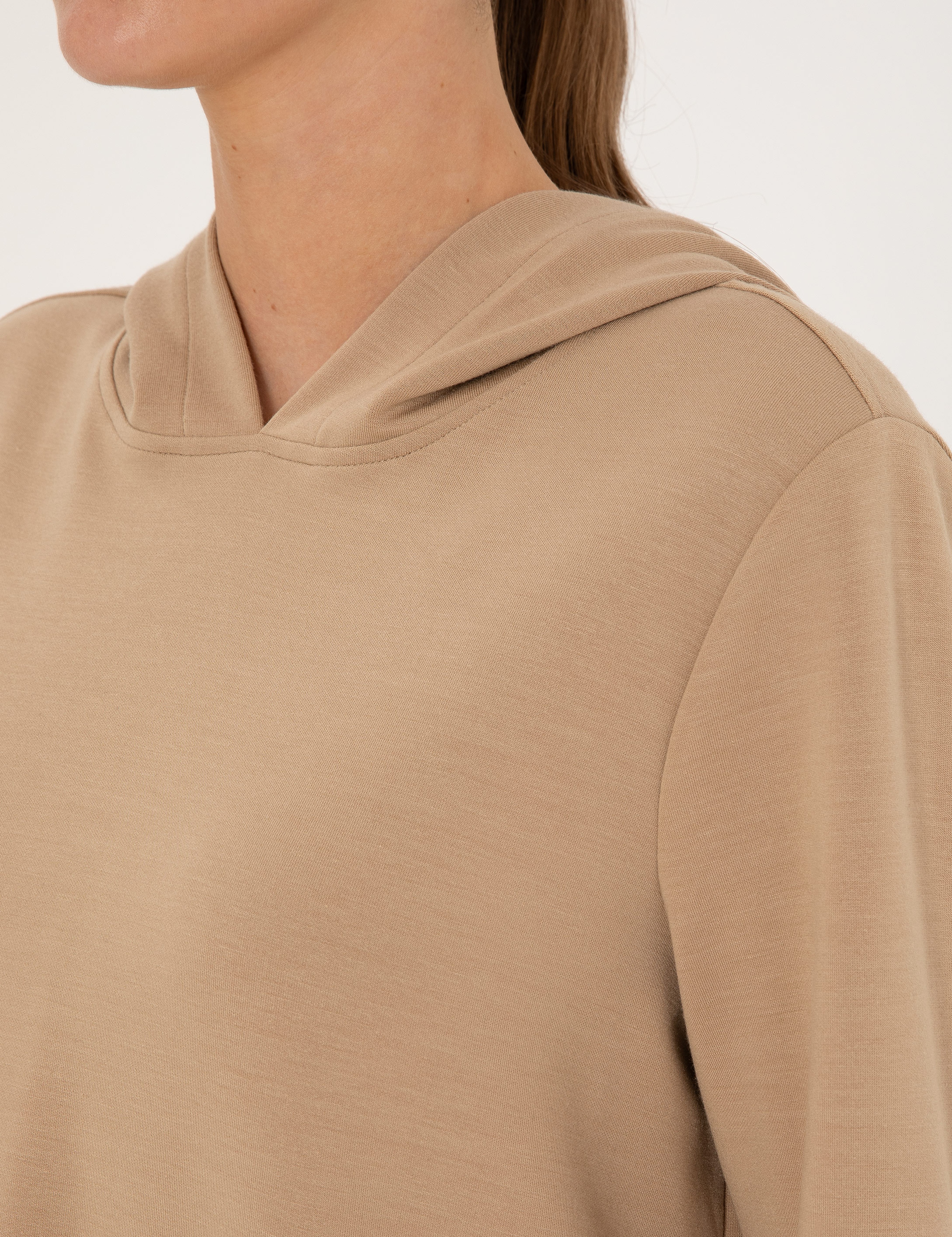 Bej Oversize Modal Karışımlı Kapüşonlu Sweatshirt - Image 7