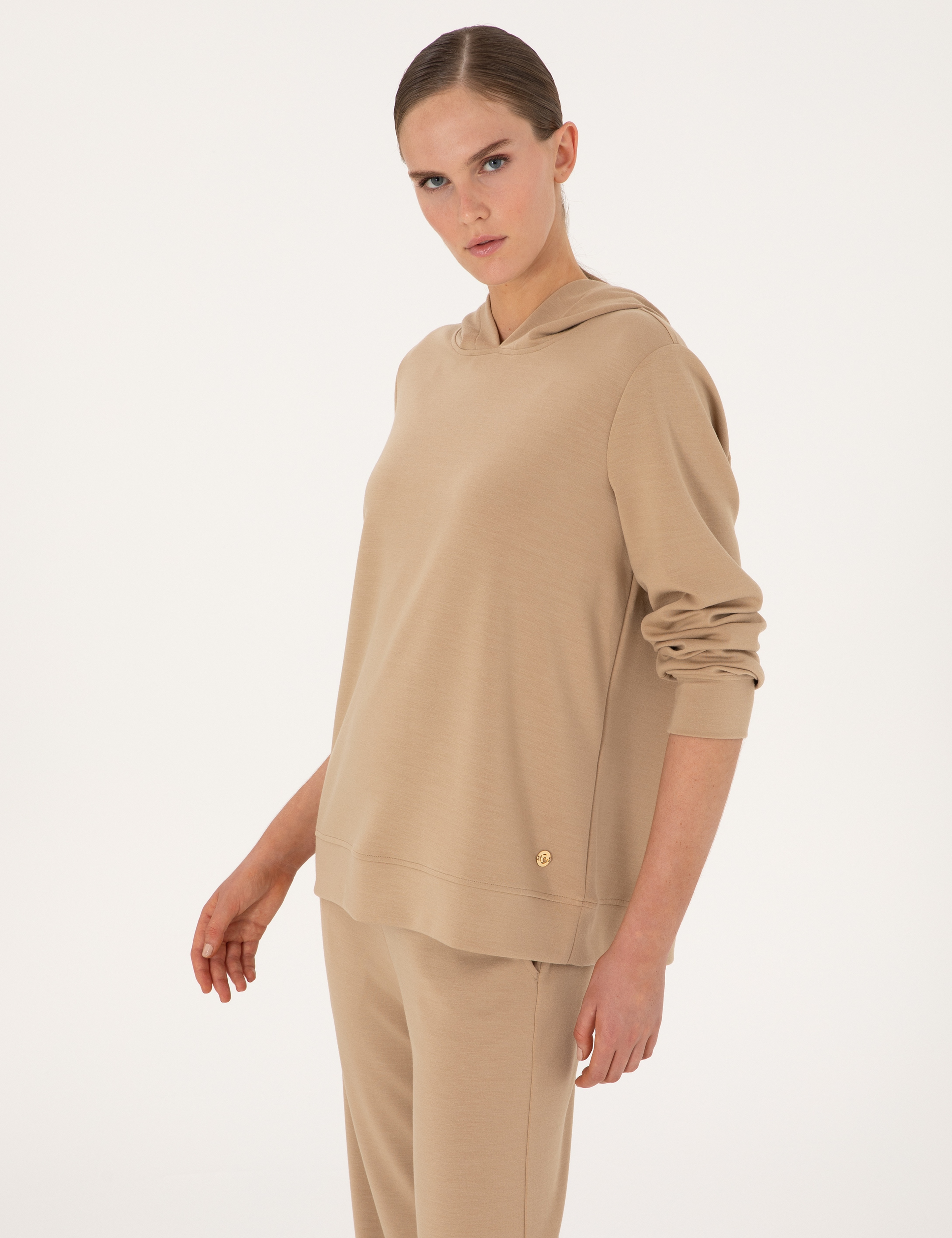 Bej Oversize Modal Karışımlı Kapüşonlu Sweatshirt - Image 3