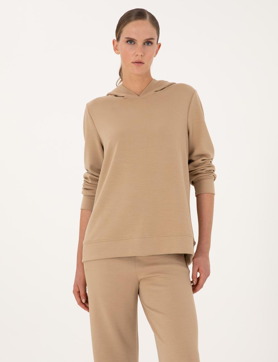 Bej Oversize Modal Karışımlı Kapüşonlu Sweatshirt