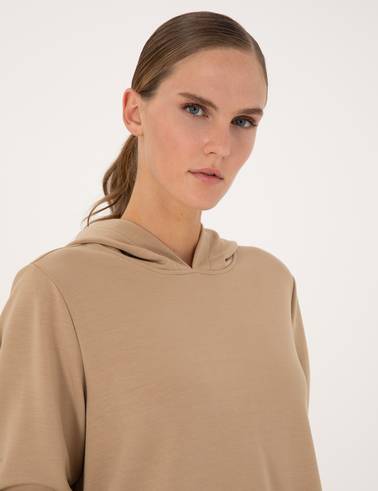 Bej Oversize Modal Karışımlı Kapüşonlu Sweatshirt