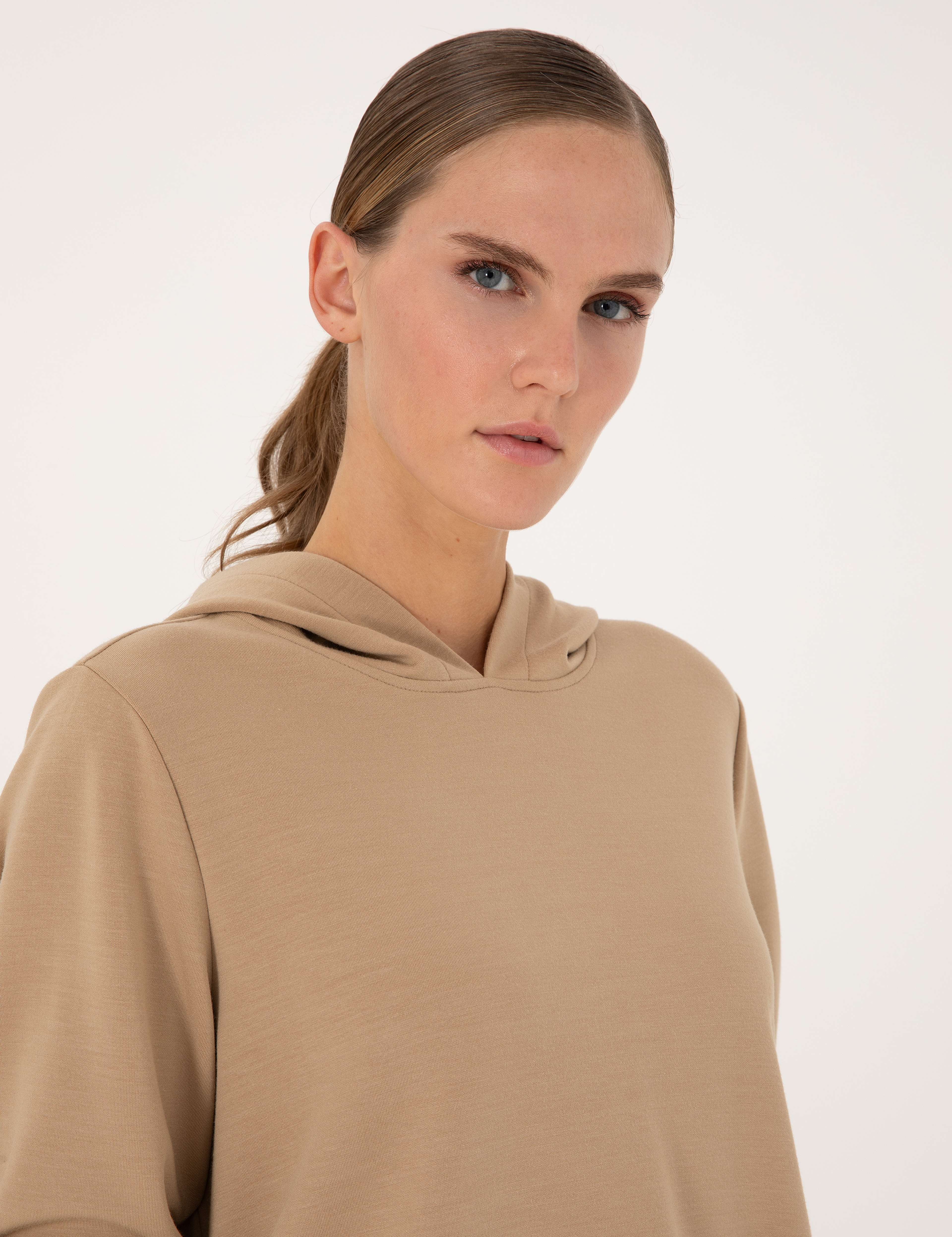 Bej Oversize Modal Karışımlı Kapüşonlu Sweatshirt - Image 2