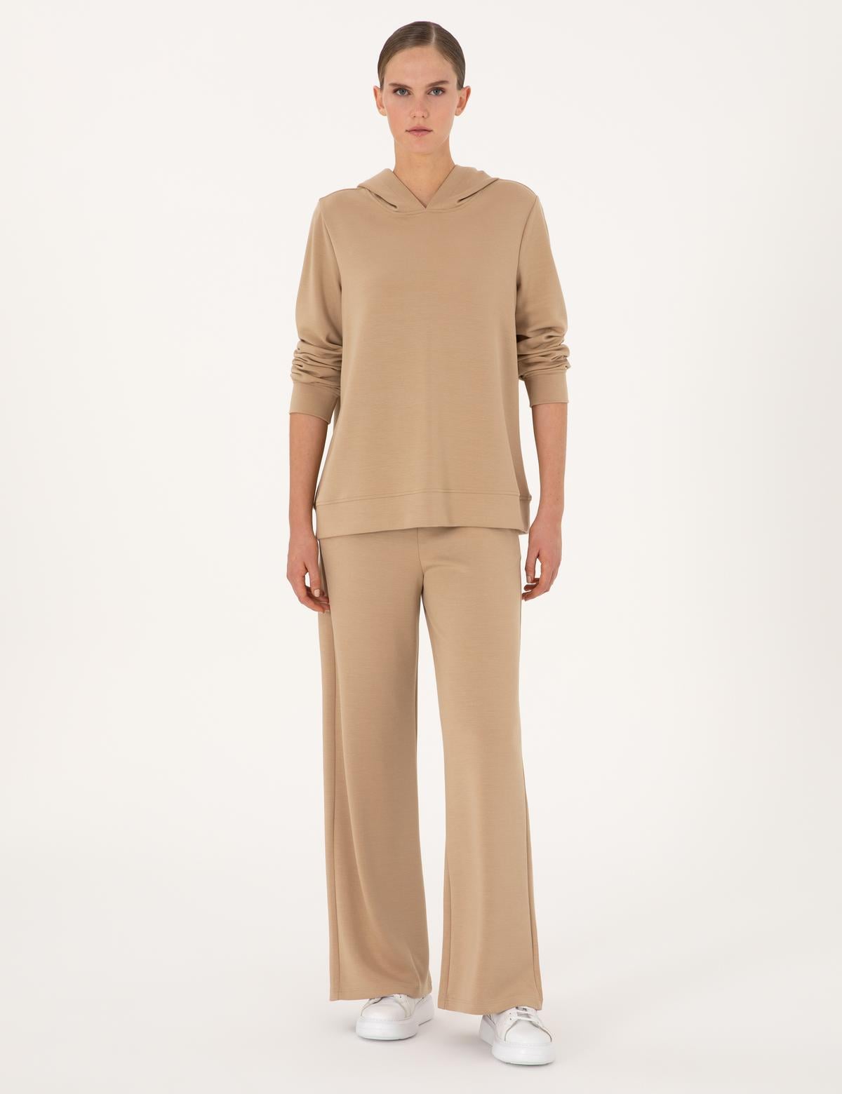 Bej Oversize Modal Karışımlı Kapüşonlu Sweatshirt - 50314972006