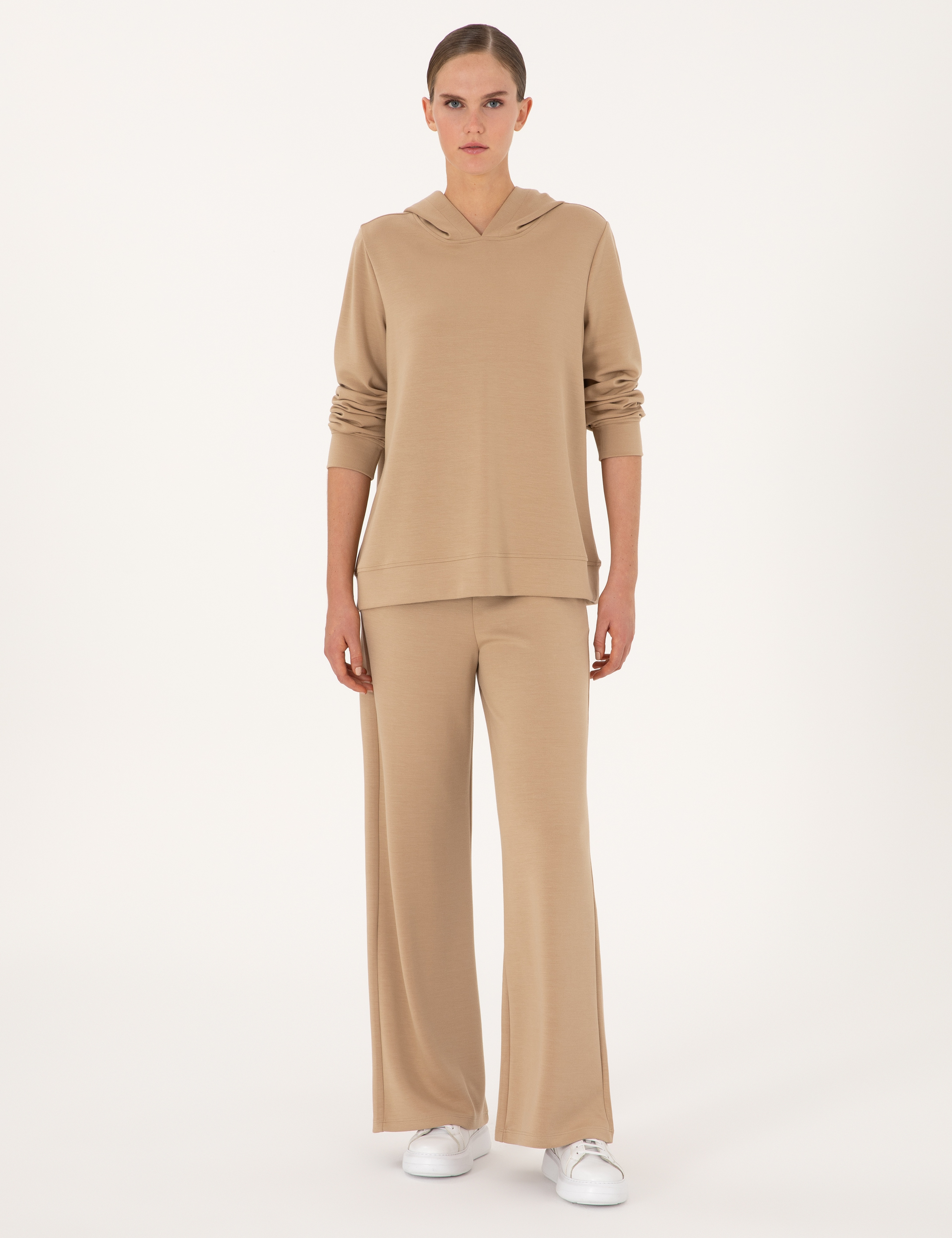 Bej Oversize Modal Karışımlı Kapüşonlu Sweatshirt - Image 4