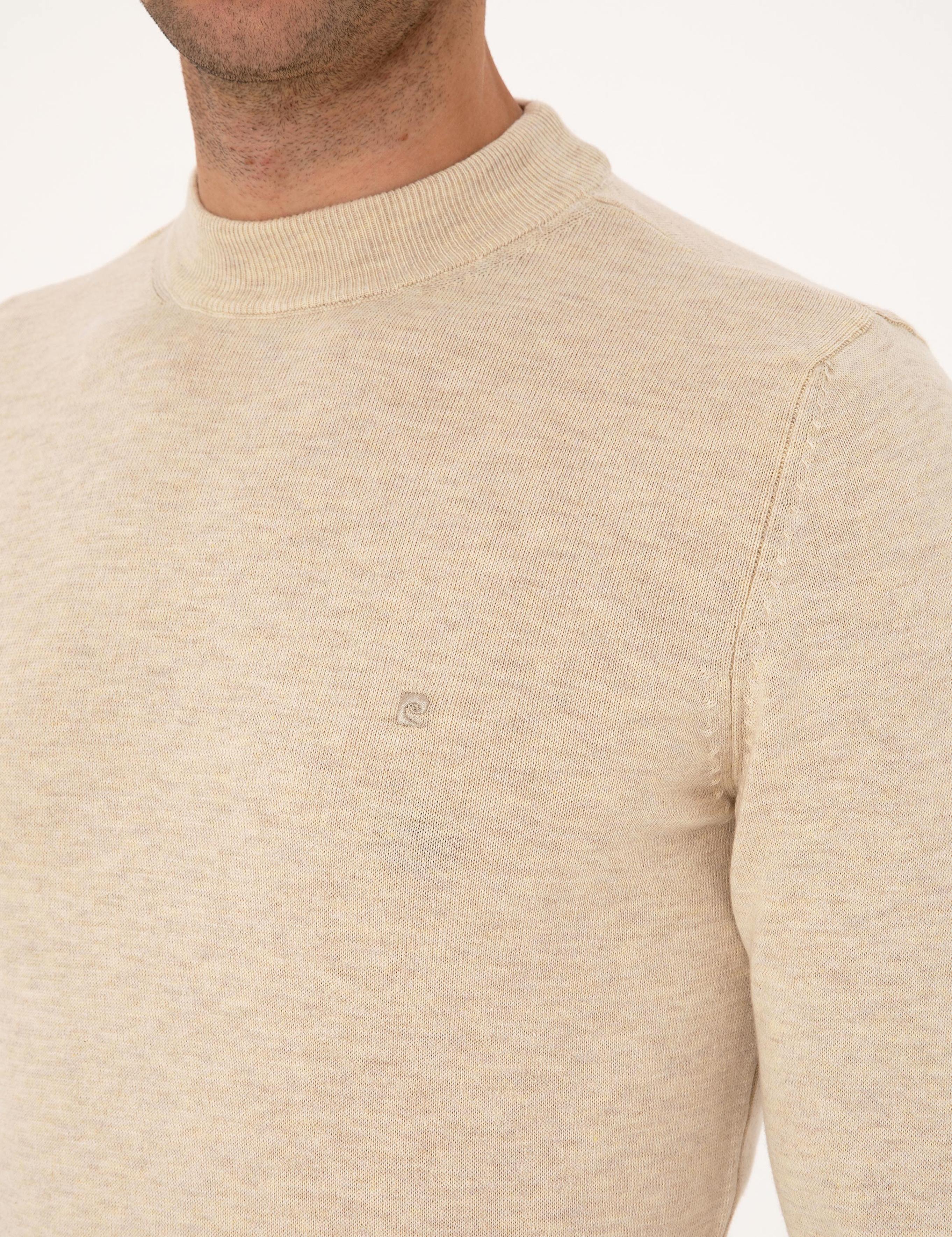 Krem Melanj Slim Fit Çeyrek Yaka Basic Triko Kazak