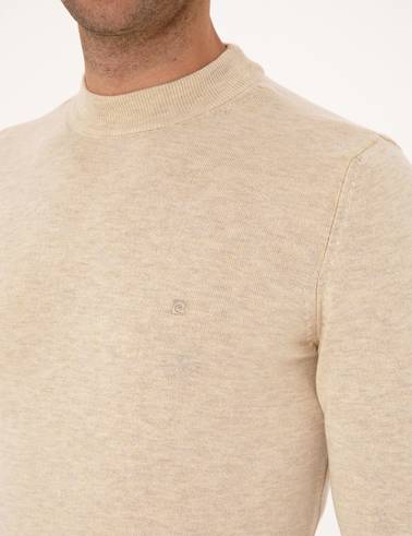 Krem Melanj Slim Fit Çeyrek Yaka Basic Triko Kazak