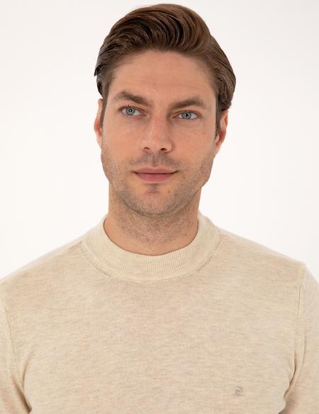 Krem Melanj Slim Fit Çeyrek Yaka Basic Triko Kazak - 50314188047