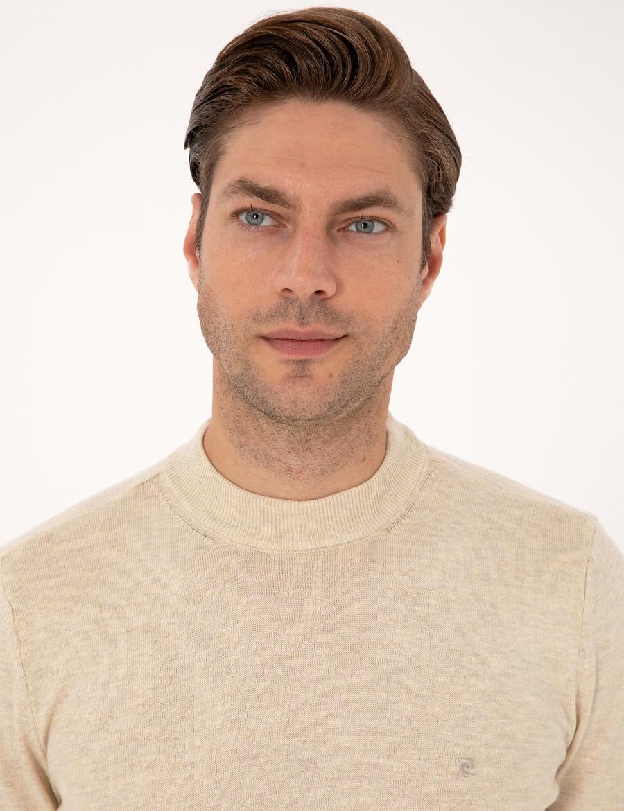 Krem Melanj Slim Fit Çeyrek Yaka Basic Triko Kazak