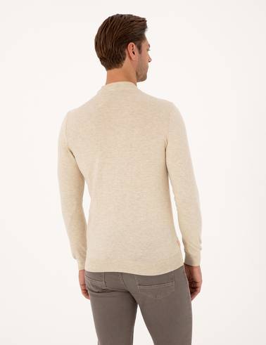Krem Melanj Slim Fit Çeyrek Yaka Basic Triko Kazak