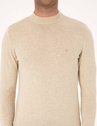 Krem Melanj Slim Fit Çeyrek Yaka Basic Triko Kazak