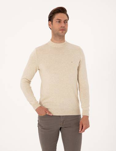 Krem Melanj Slim Fit Çeyrek Yaka Basic Triko Kazak