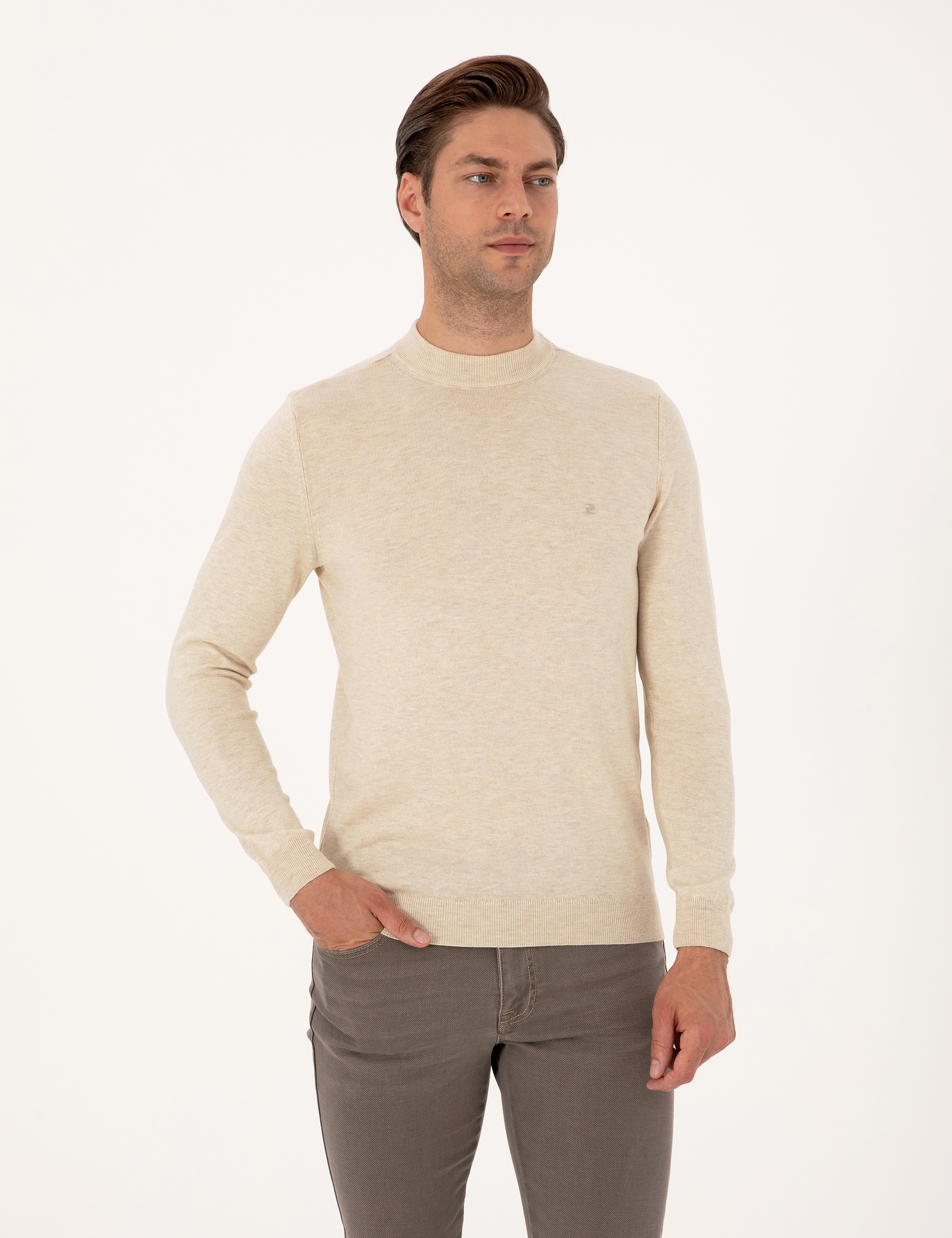 Krem Melanj Slim Fit Çeyrek Yaka Basic Triko Kazak - Image 1