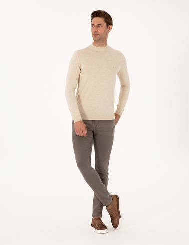 Krem Melanj Slim Fit Çeyrek Yaka Basic Triko Kazak